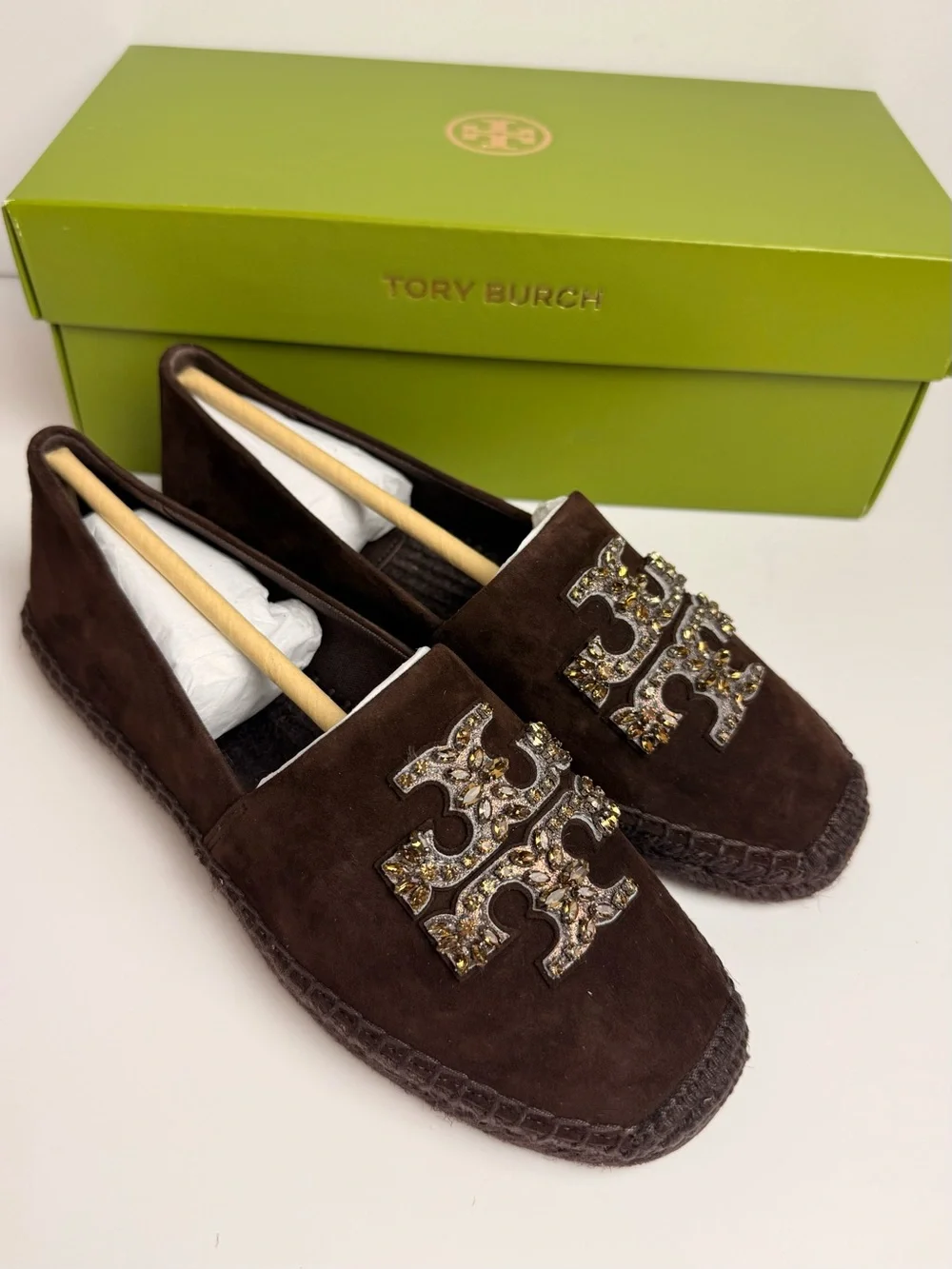 Tory Burch Embellished Espadrille Flats Dark Cocoa Suede Crystal Logo US 6